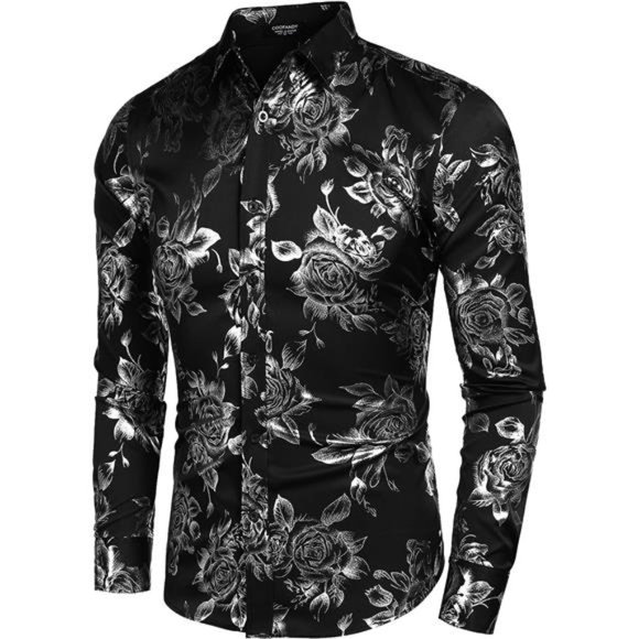 Men's Rose Shiny Shirt Luxury Flowered Printed Button Down Shirt - Picture 3 of 6